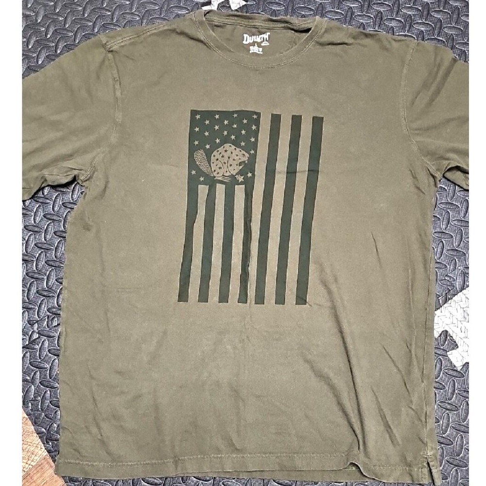 Duluth Trading Co Longtail T Shirt Mens Large L Olive Green American Flag Beaver